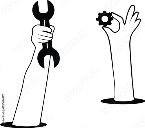 Illustration showing human arms rising from holes holding large wrench and small mechanical gear component symbolizing manual labor and industrial repair service