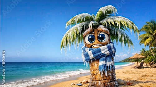Frozen Winter Tropical Palm Tree Character with Big Eyes on a Beach. Winter Weather in Warm Places Concept