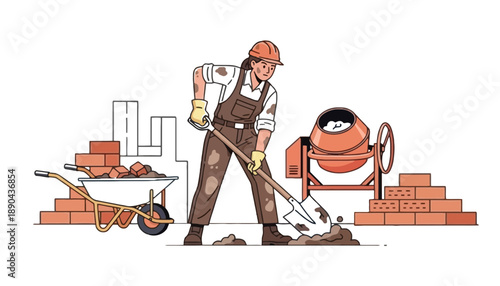 A construction worker in a hard hat and overalls shoveling dirt on a building site