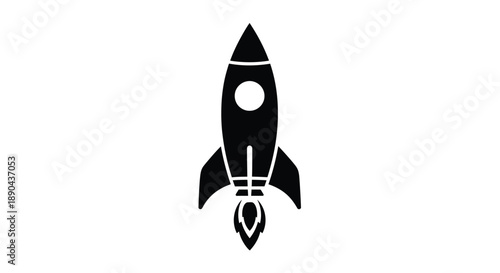 A simple black silhouette of a classic rocket ship against a white background