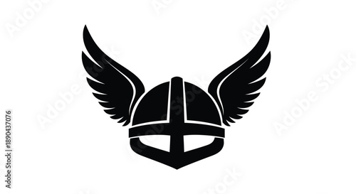 A black silhouette of a viking helmet adorned with stylized wings