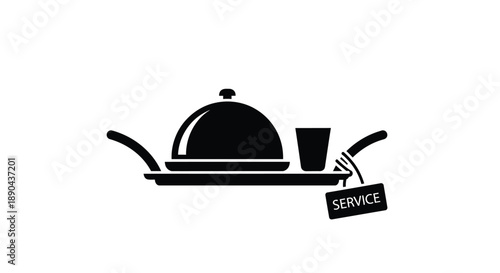 Black silhouette of a covered dish glass and cutlery on a tray