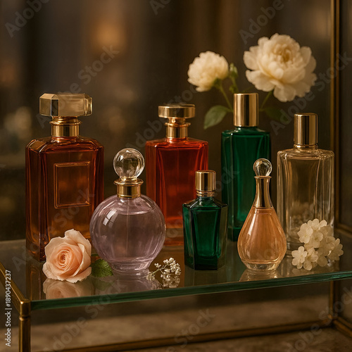 Luxury Perfume Bottles with Roses on Glass Shelf – Elegant Fragrance Collection