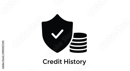 Black shield icon with checkmark and stacked coins labeled credit history