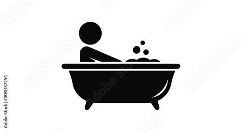 Simple black icon depicting a person relaxing in a bubbly bathtub