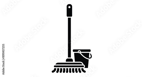 Simple black and white icon depicting a mop and bucket cleaning set