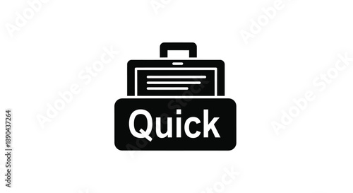 A black and white icon depicting a briefcase with the word quick on it
