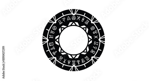 Circular design featuring cryptic symbols and triangular points in black and white