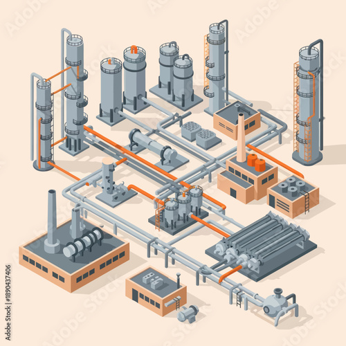 Industrial Factory Complex with Pipes and Machinery.