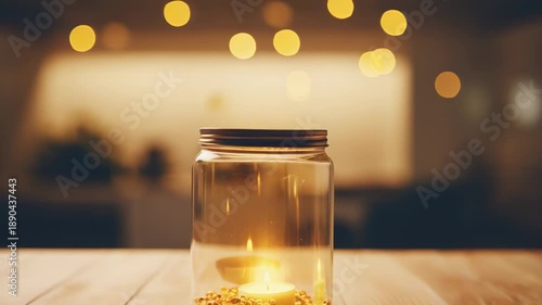 Clear glass jar enclosing a small lit candle and golden beads, creating a warm and inviting glow on a wooden surface with a soft bokeh background, representing a cozy and peaceful atmosphere
