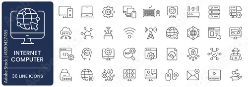 Internet Computer and Network Technology Line Icon Set. Collection of website, cyberspace, online, technology, laptop,  server, cloud computing, global, hardware, and cybersecurity, Editable Stroke.