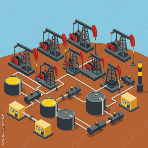 Oil Refinery Equipment and Pumpjacks Illustration.