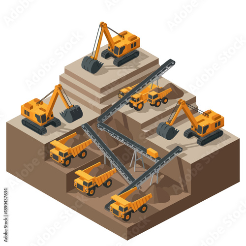 Construction Site with Excavators and Dump Trucks.