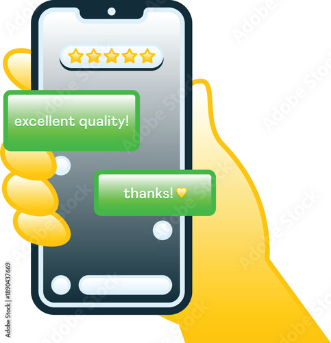 Hand holding smartphone showing customer feedback and reviews