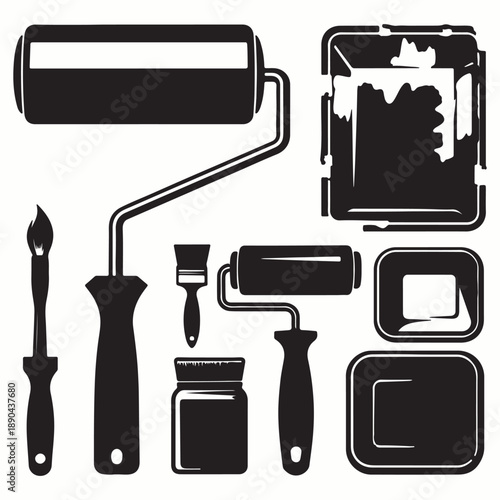 Paint Roller Set with Brushes and Trays, Home Renovation and DIE Tools Silhouette