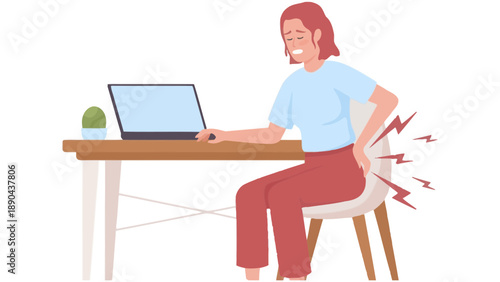 A woman sitting at a desk with back pain while working on a laptop