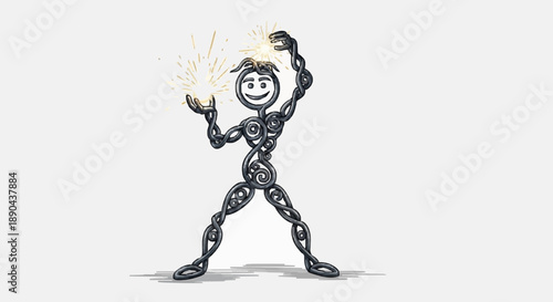 Happy Stick Figure Character Holding Bright Light Bulbs.