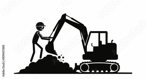 Excavator Machine Digging Dirt With Worker Silhouette.