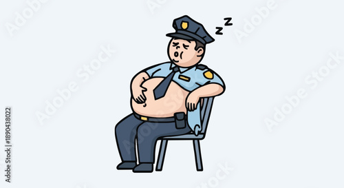 Fat Police Officer Sleeping on Chair Cartoon.