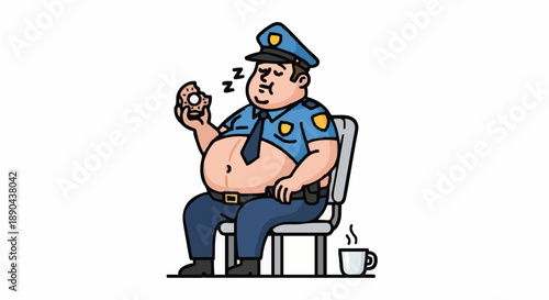 Fat Police Officer Sleeping with Donut and Coffee.