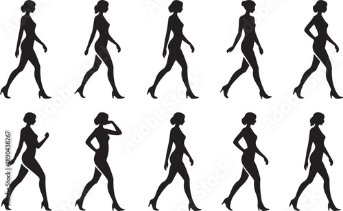 Twelve Black Silhouettes of Women Walking in Different Stages of Motion on White Background Keywords: silhouette, women, walking, motion, steps, stride, gait, female, fashion, design, graphic