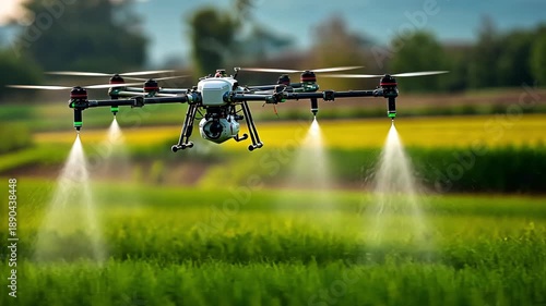 Drone spraying pesticides over a green field