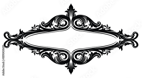 An ornate symmetrical black frame design with swirling floral elements offering a space for text or imagery silhouette high quality professional