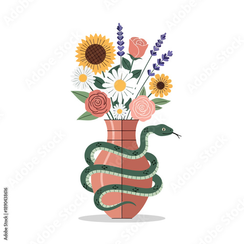 Snake Wrapped Around Vase with Flowers, Nature and Danger Contrast
