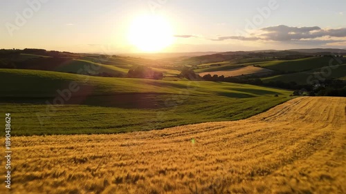 Sweeping aerial drone shot gliding over vast green rolling hills and golden fields bathed in the warm light of sunrise symbolizing national prosperity and peace smooth, wilderness, slow