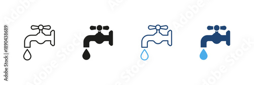 Water Faucet With Drip Line And Solid Icon Set. Water Conservation, Plumbing, And Resource Management Outline And Silhouette Symbol Collection. Isolated Vector Illustration