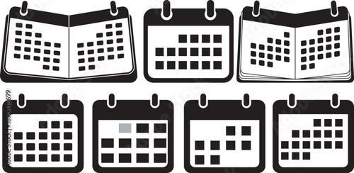 Collection of diverse black and white calendar icons for scheduling and time management Vector