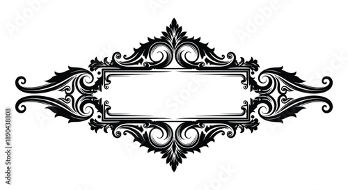 An ornate black frame with swirling decorative elements and a central rectangular space presented as a silhouette high quality professional detailed