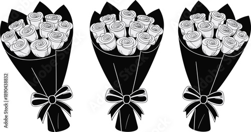 Rose bouquet silhouettes set, romantic flower arrangements wrapped with ribbon bows isolated on white background illustration