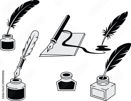 Quill pen and ink bottle silhouettes set, vintage writing tools collection, calligraphy feather pen icons, retro stationery illustration isolated on white