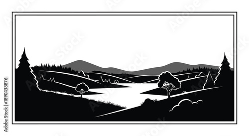 A serene landscape scene depicts rolling hills trees and a winding river in a striking black silhouette high quality professional detailed