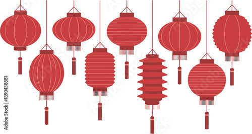 Red Chinese lantern silhouettes set, traditional Asian hanging lantern decorations, Lunar New Year festival symbols, oriental celebration ornament collection isolated on white