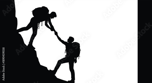 Two climbers assisting each other on a rocky cliff face demonstrating support and teamwork presented as a silhouette high quality professional