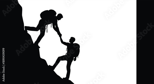 A dramatic scene depicts two climbers assisting each other up a steep rock face rendered as a striking silhouette high quality