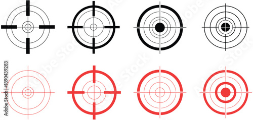 Set of red and black target icon vectors, aiming and goal symbols, vector illustration for rank titles, precision graphics, archery and sports visuals,
