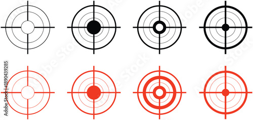 Set of target icons in red and black, vector illustration for rank titles, goal symbols, aiming graphics, shooting sports, archery design, focus and precision visuals,
