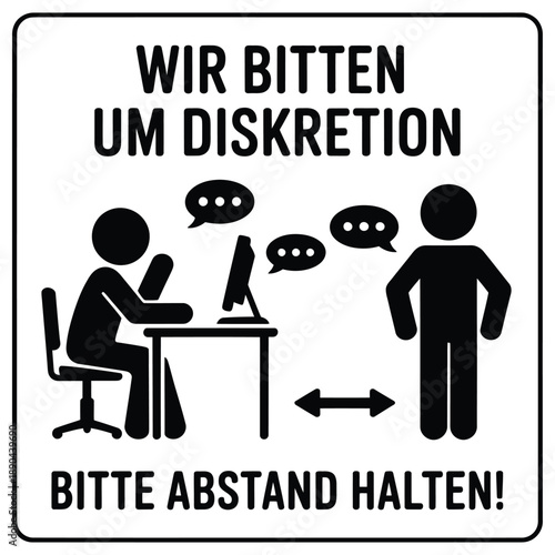 Request for discretion and social distancing depicted on a black and white sign
