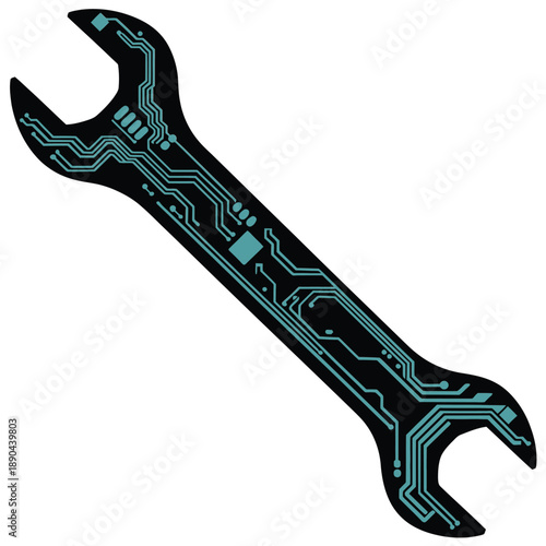 A futuristic wrench design incorporating intricate circuit board patterns