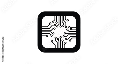 A black square frame contains a complex circuit board design rendered as a striking black silhouette high quality professional detailed modern