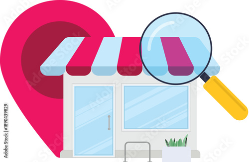 store location pin with magnifying glass on shop front