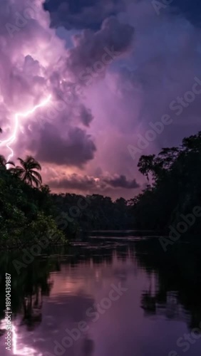 Dramatic Lightning Storm Illuminating a Tropical River at Night