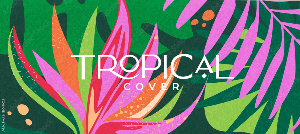 Obraz premium Tropical cover, bright textured tropical leaves. Banner with strelitzia and exotic plants for decoration, print, textile, packaging, interior. Template of botanical design for fabric, cosmetics, spa.