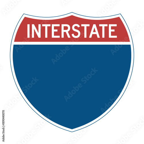 A blue and white interstate highway shield sign with red lettering