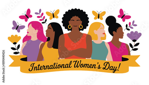 A vibrant illustration celebrating International Women's Day with diverse women