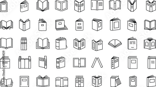 Book and education line icons set, open book, library, reading, notebook, textbook symbols collection for learning and study