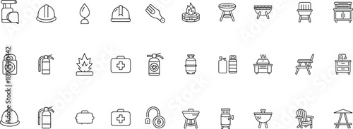 Camping and outdoor safety line icons set, barbecue grill, fire extinguisher, first aid, helmet, gas cylinder collection